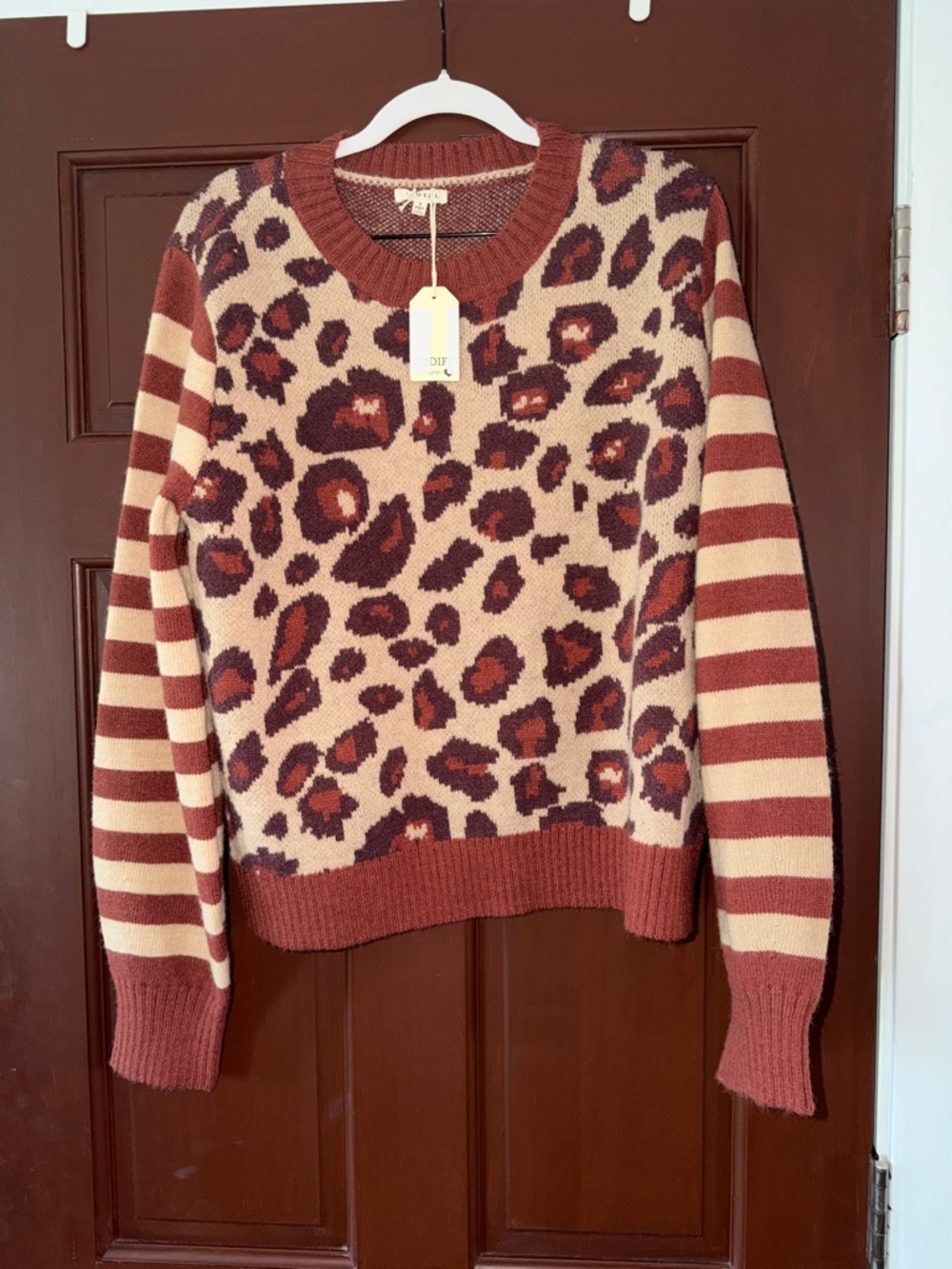 Frame Denim Leopard & Stripe Crewneck Sweater in Rust and Creamy Beige - Picture 1 of 4